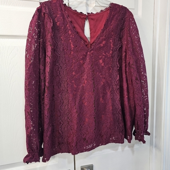 New Lacey Long Sleeved V-Neck Lined Cottagecore Blouse Maroon XL - Picture 2 of 11